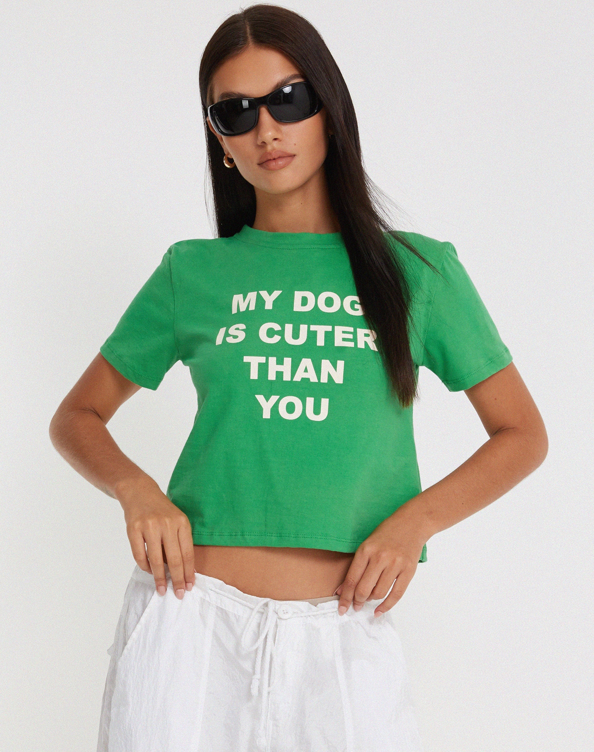 image of Shrunk Tee in Bush Green My Dog Is Cuter Than Yours