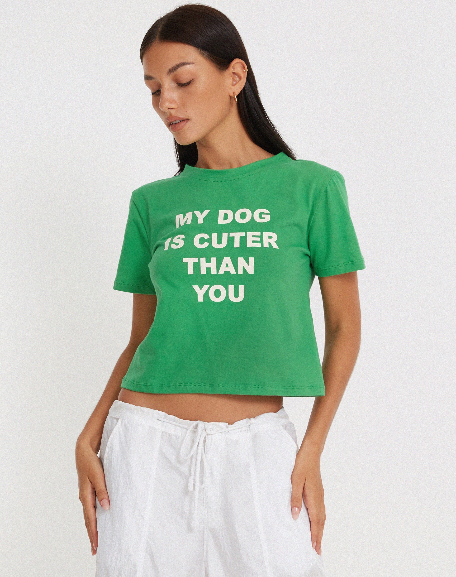 image of Shrunk Tee in Bush Green My Dog Is Cuter Than Yours