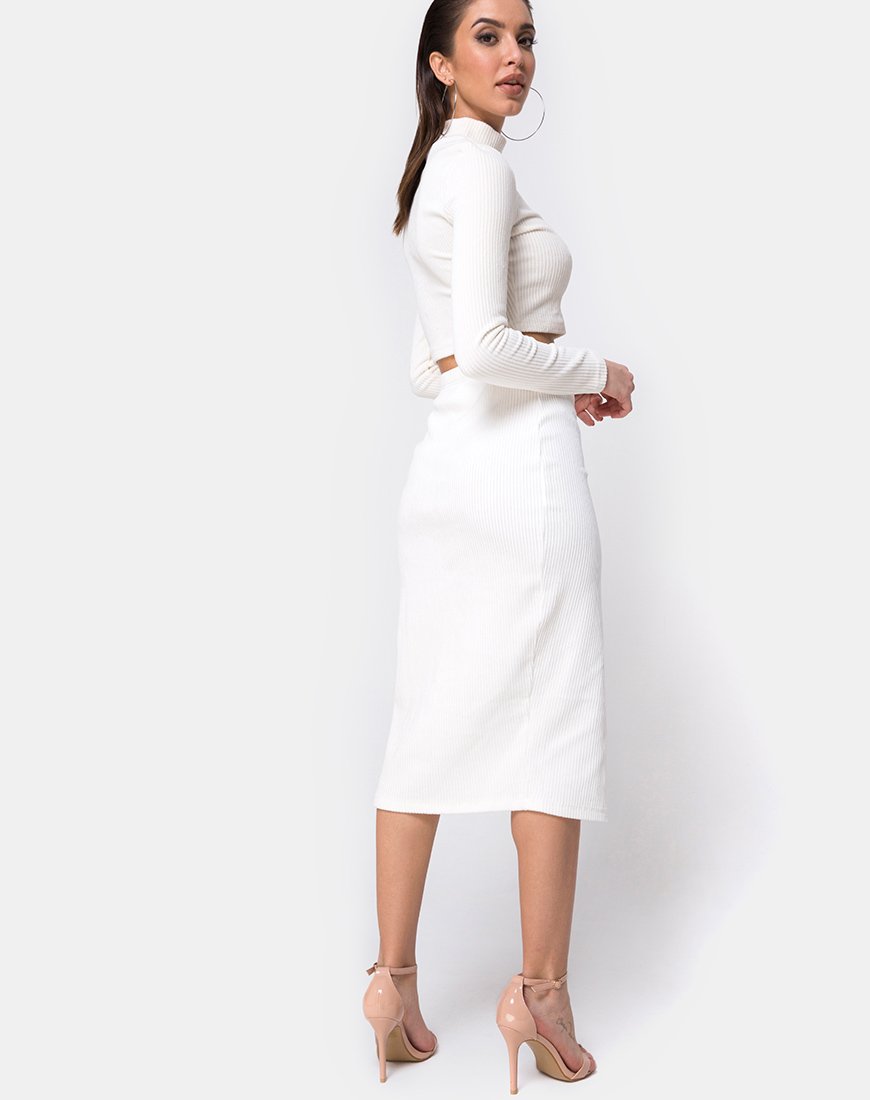 Image of Midi Cheri Split Skirt in Velvet Rib White