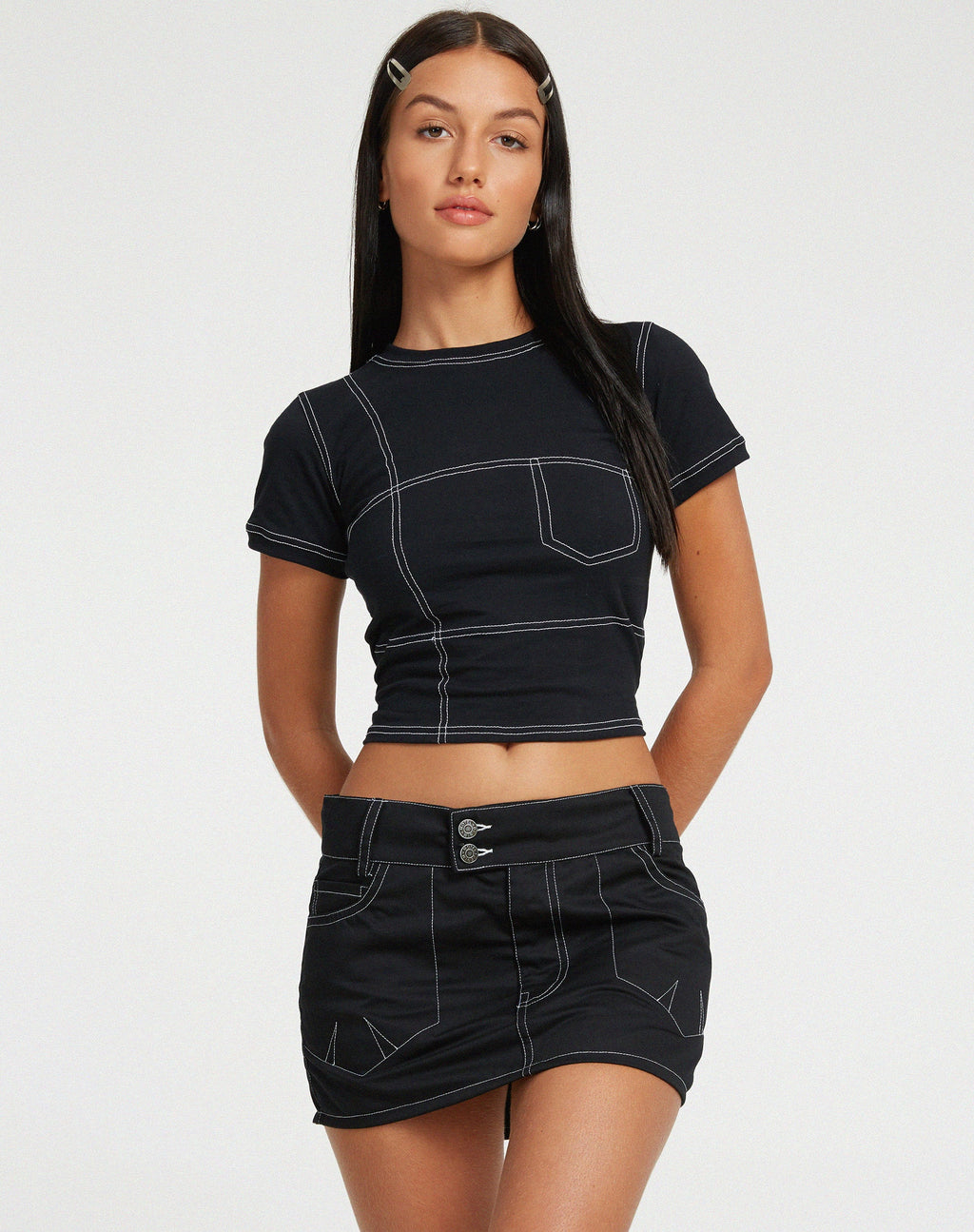 Shyla Cropped Tee in Black with White Stitch