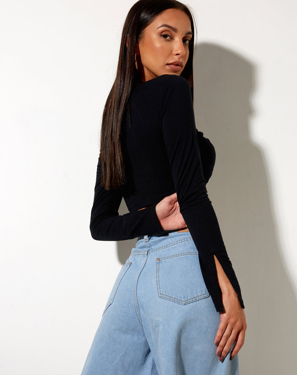 Black Long Sleeve Cut Out Halterneck Crop Top | Sira – motelrocks-com-us