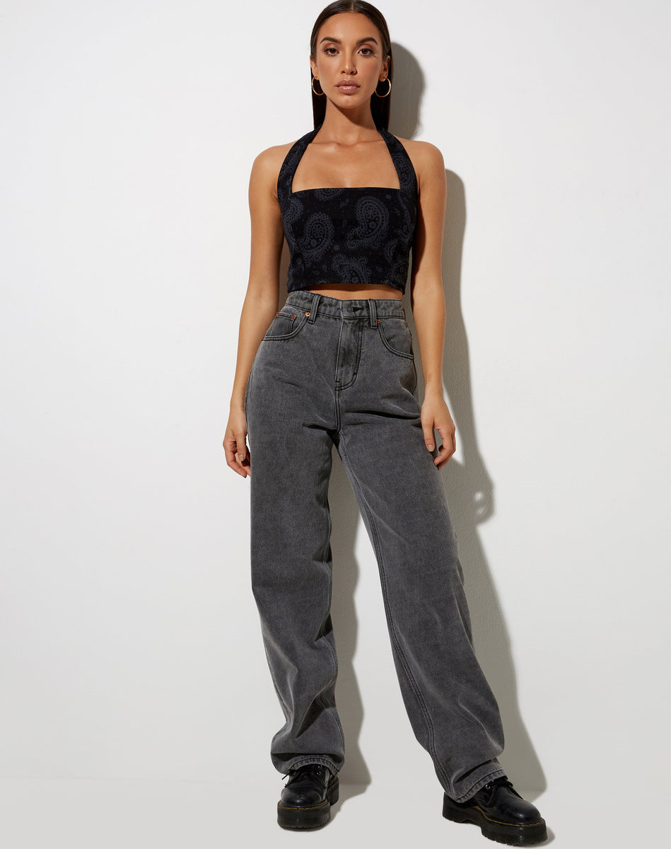 Black Paisley Print Halterneck Crop Top | Sisia – motelrocks-com-us