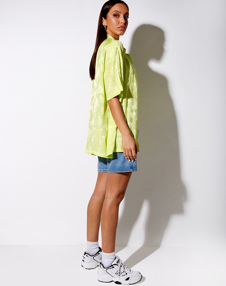Oversized Satin Lime Rose Print Shirt | Taelsa – motelrocks-com-us