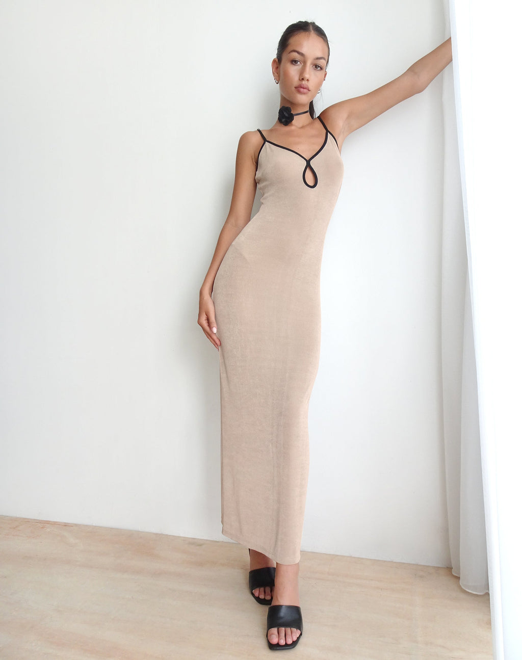 Tahlia Maxi Dress in Champagne with Black Binding
