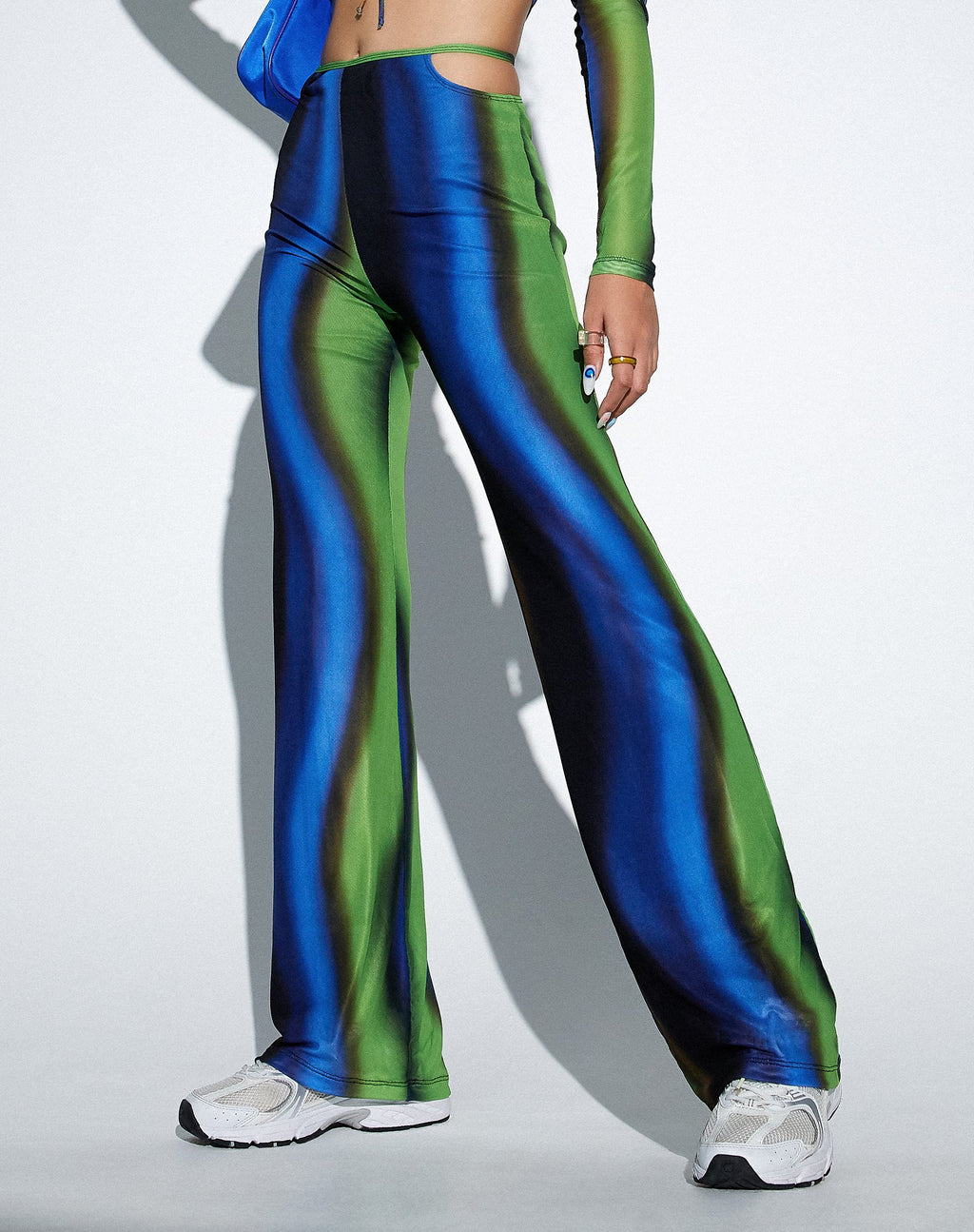 MOTEL X OLIVIA NEILL Mares Flare Trouser in Solarized Green and Blue
