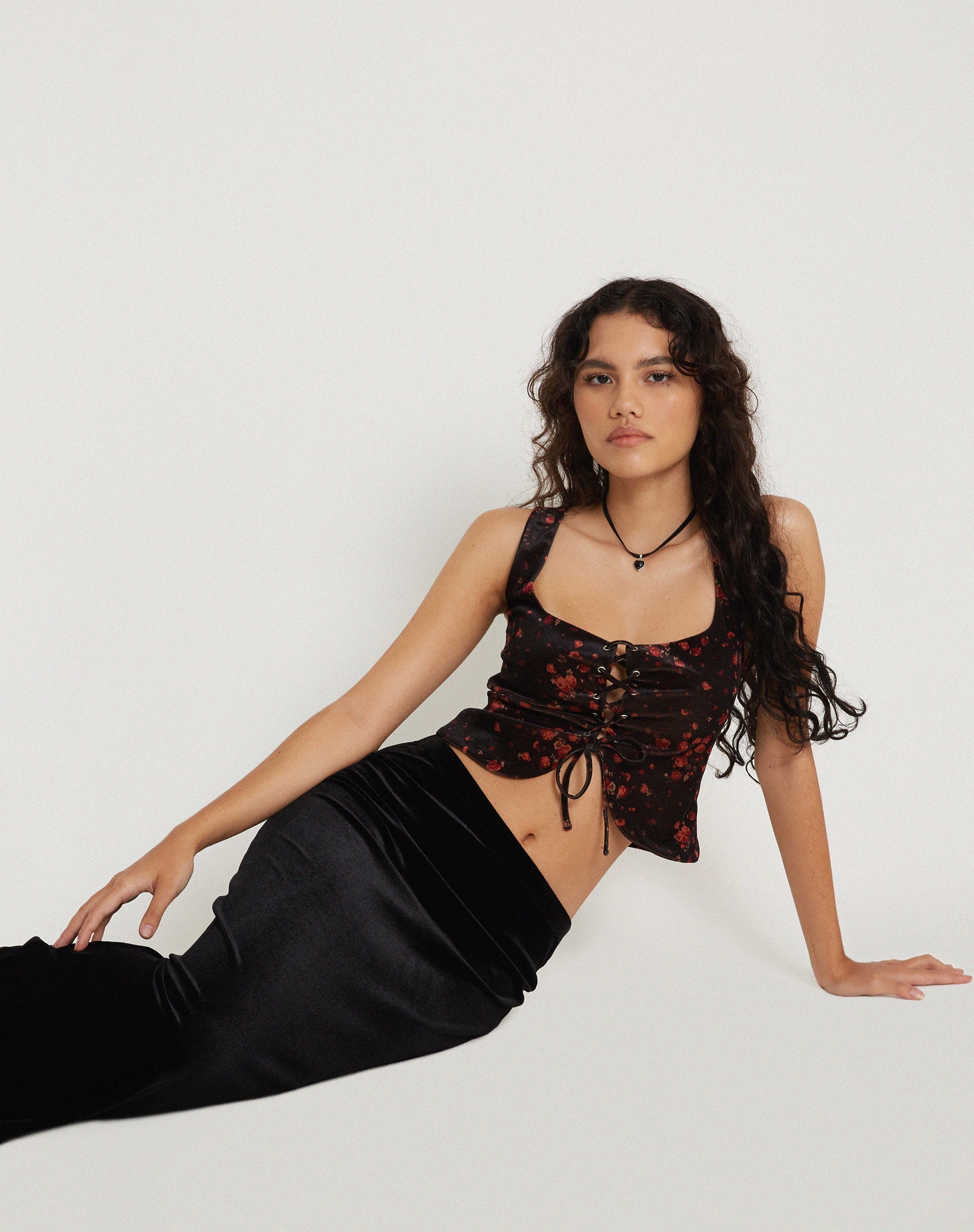 Image of Taula Cropped Corset Top in Rose Cluster Velvet