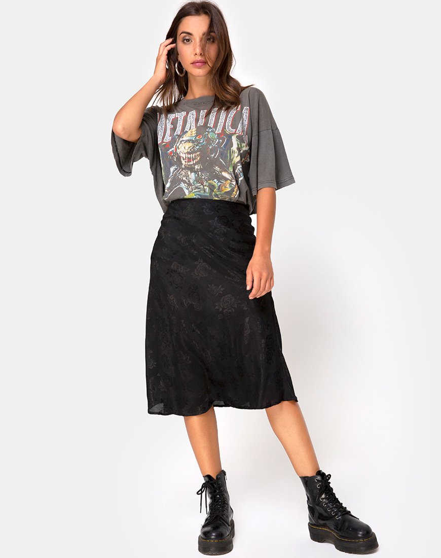 Image of Tauri Midi Skirt in Satin Rose Black