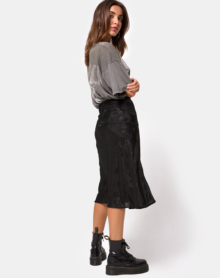 Image of Tauri Midi Skirt in Satin Rose Black