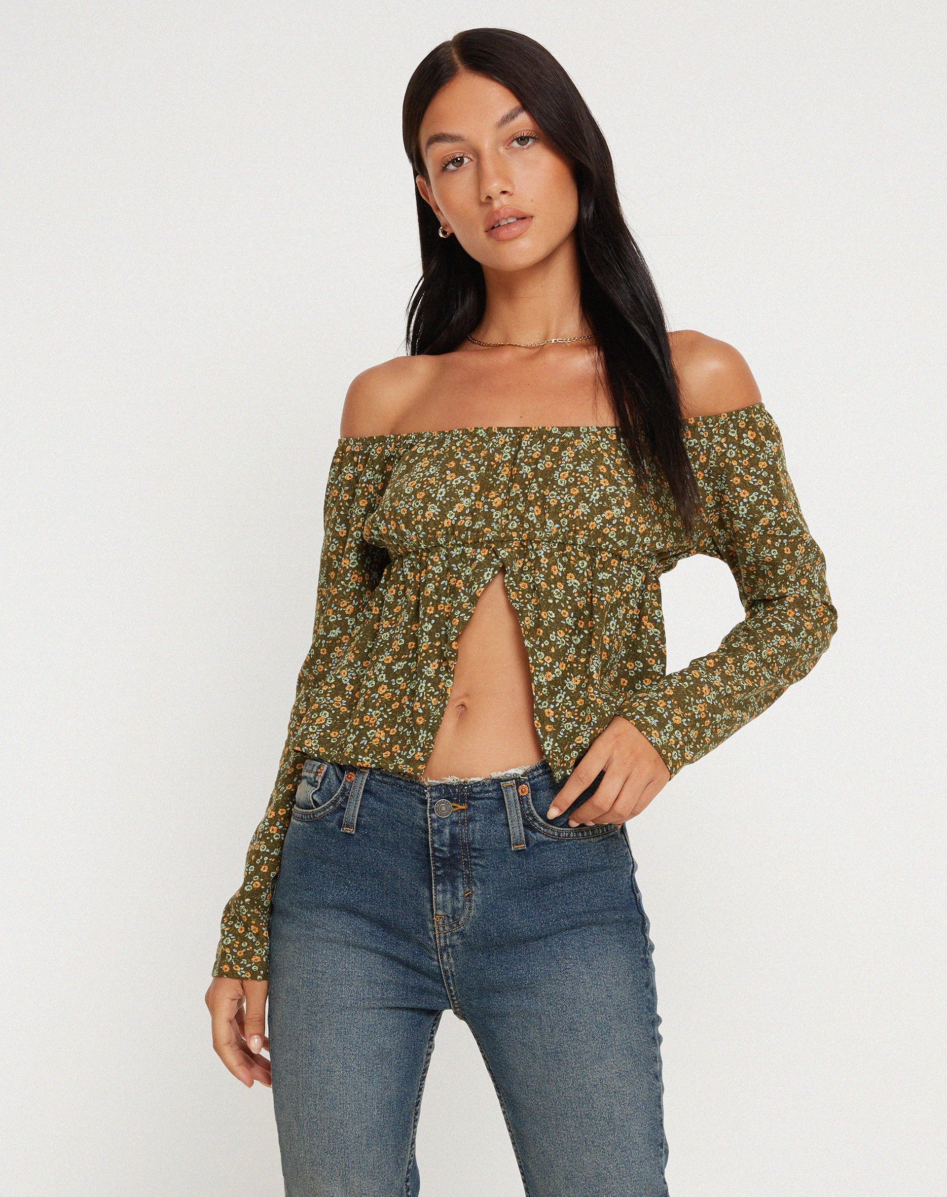 image of THENA TOP GRUNGEY FLORAL KHAKI