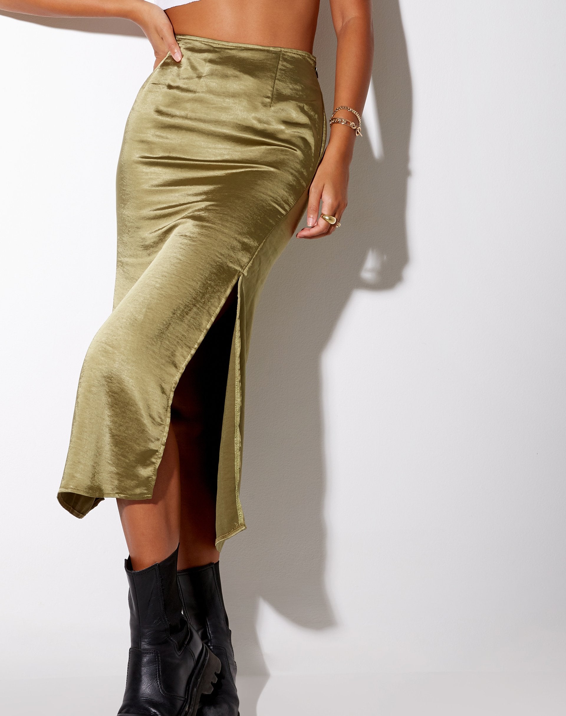 Olive green satin midi skirt best sale