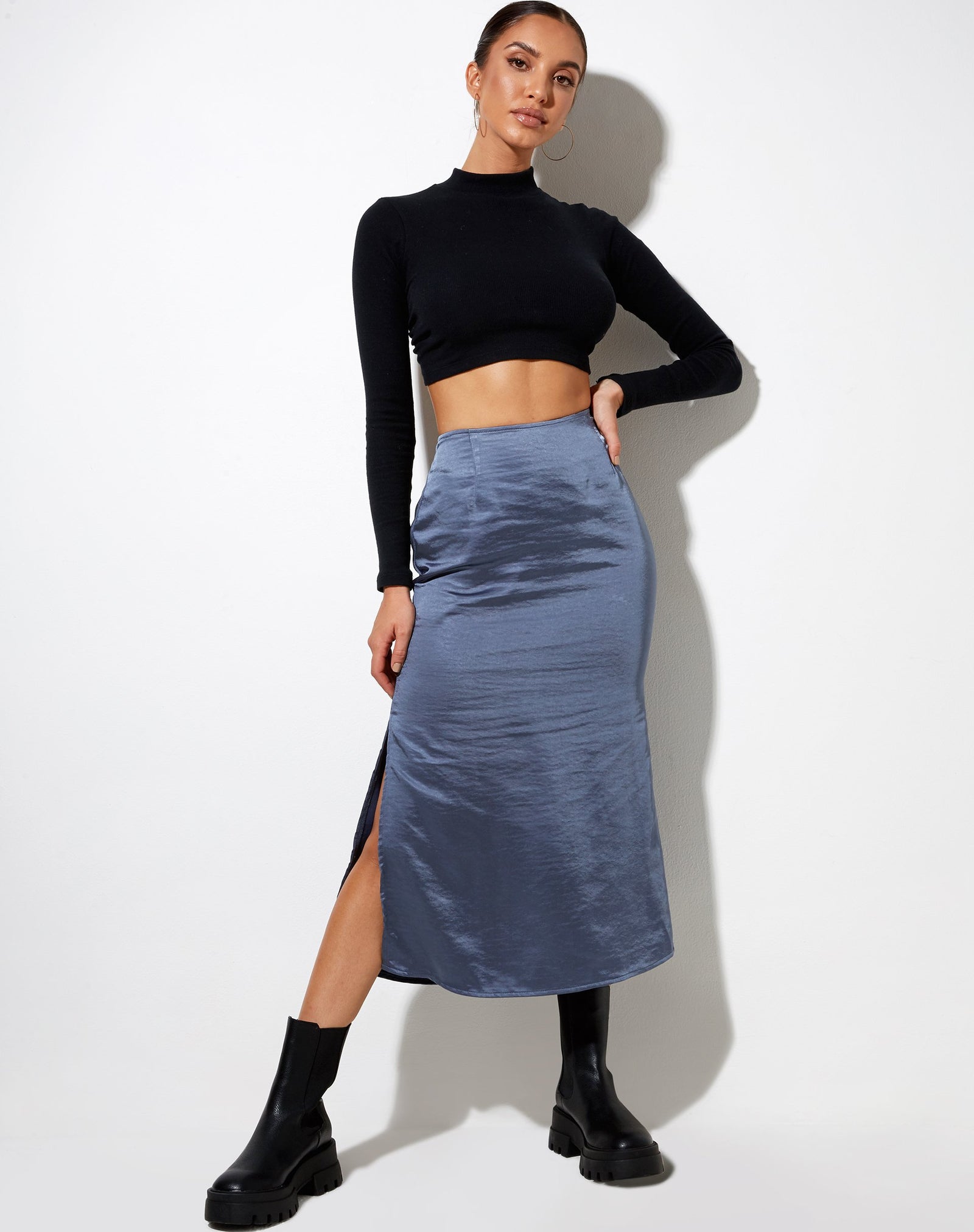 Satin Slate Blue High Waisted Midi Skirt | Tindra – motelrocks-com-us