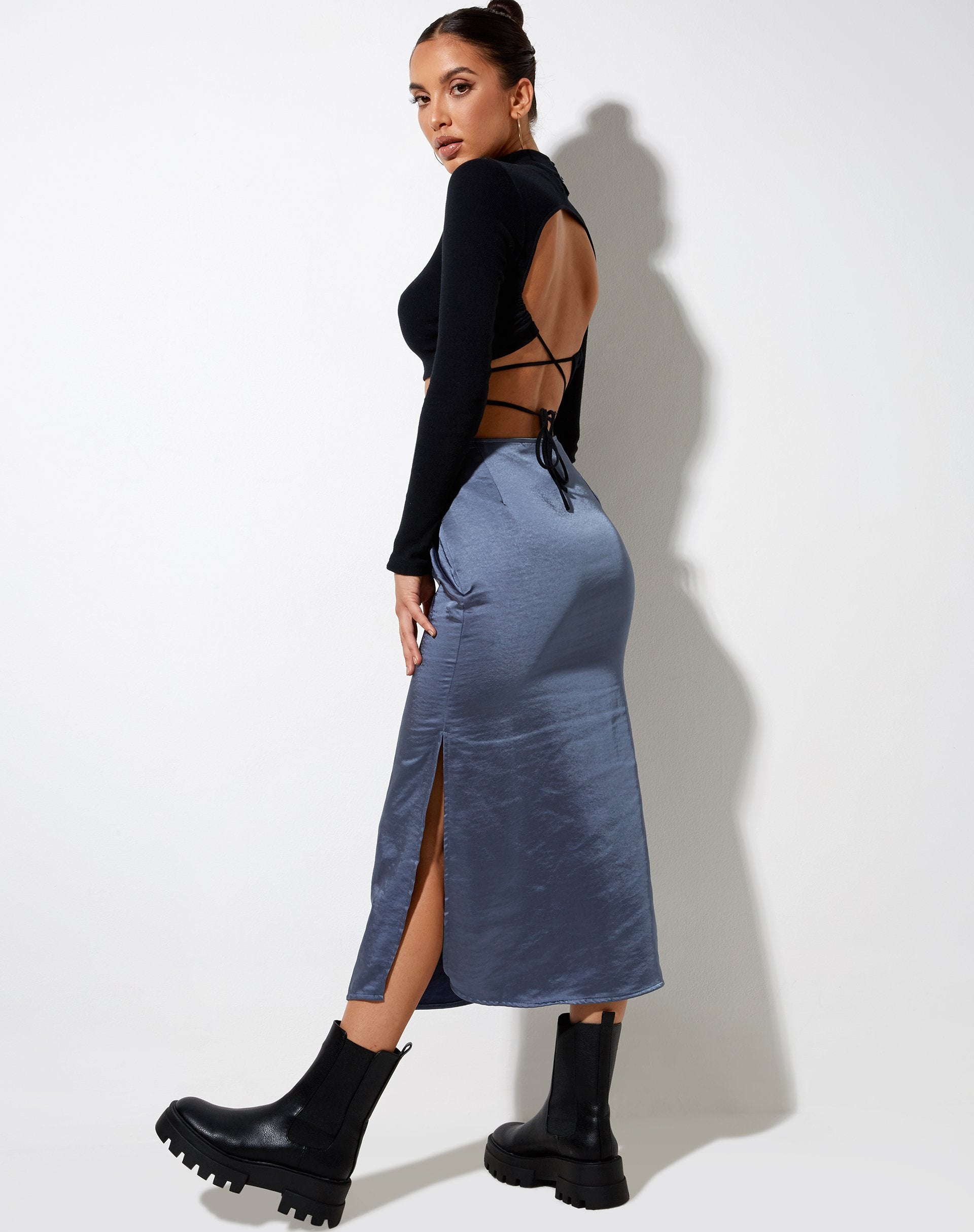 Satin Slate Blue High Waisted Midi Skirt | Tindra – motelrocks-com-us