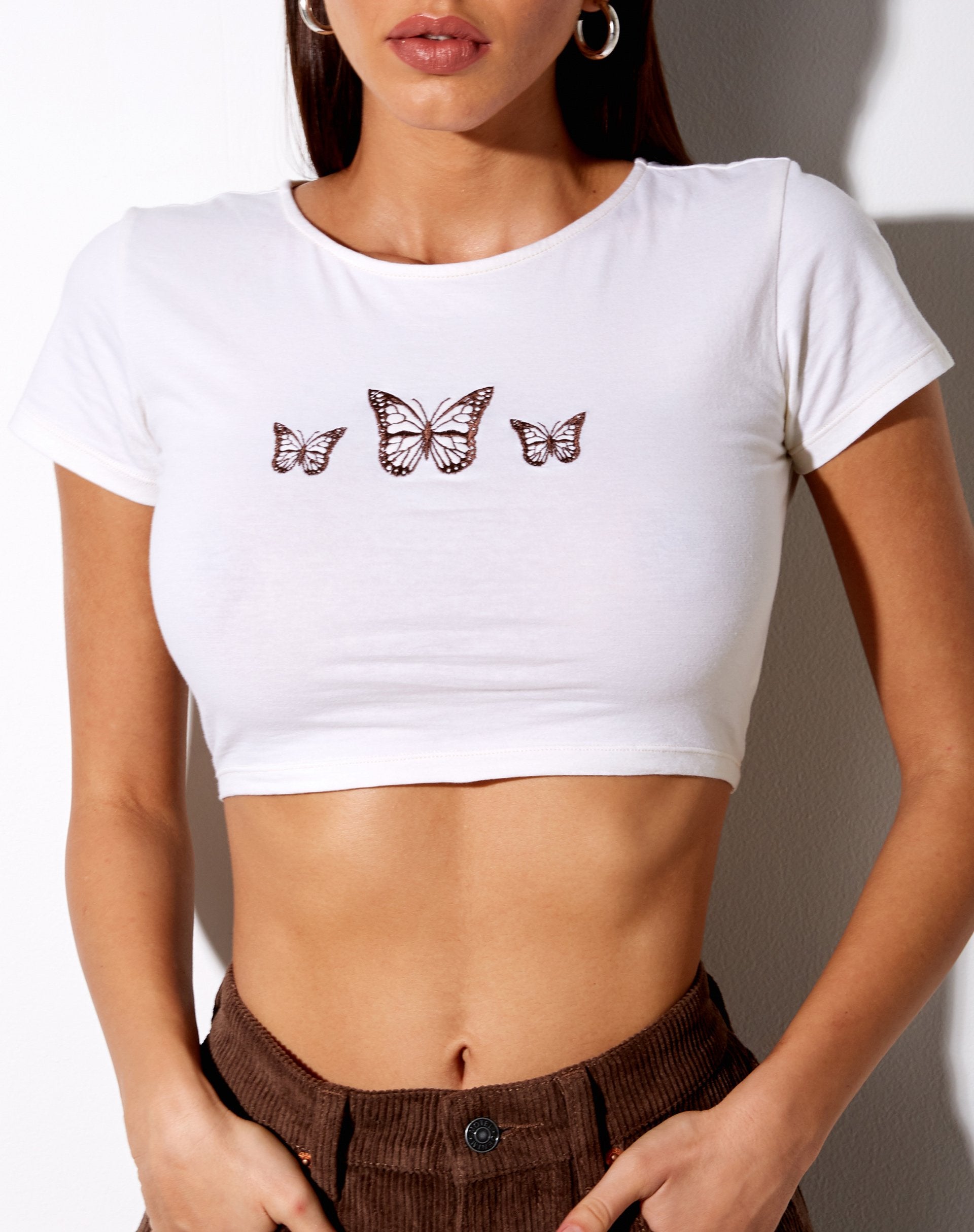 Ivory Butterfly Short Sleeve Crop Top | Tindy – motelrocks-com-us