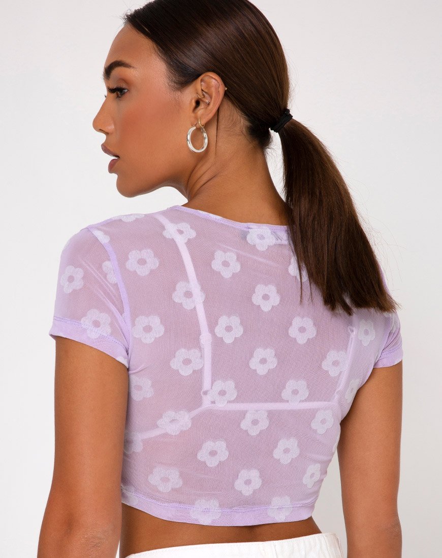 Image of Tiney Crop Tee in Lilac Mesh Daisy White Flock