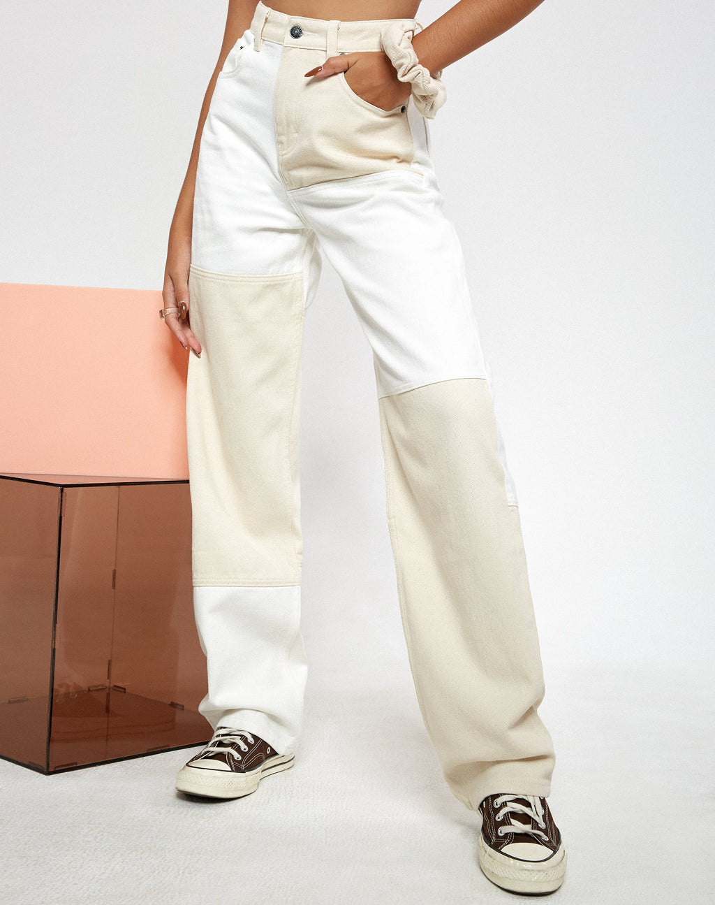 Tonal Panel Parallel Jeans in White and Ecru