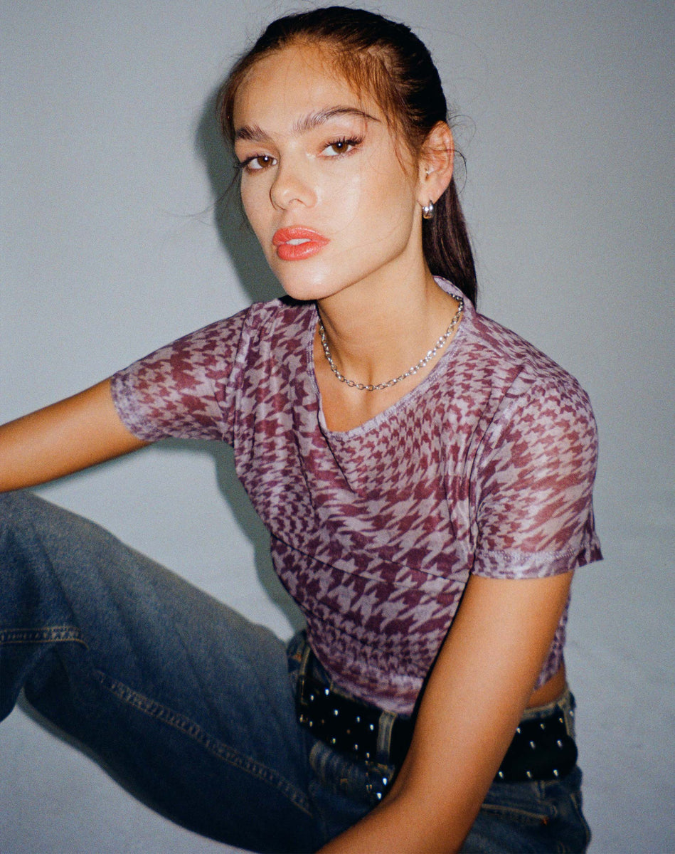 Warped Houndstooth Brown Printed Mesh Tee | Tonia – motelrocks-com-us
