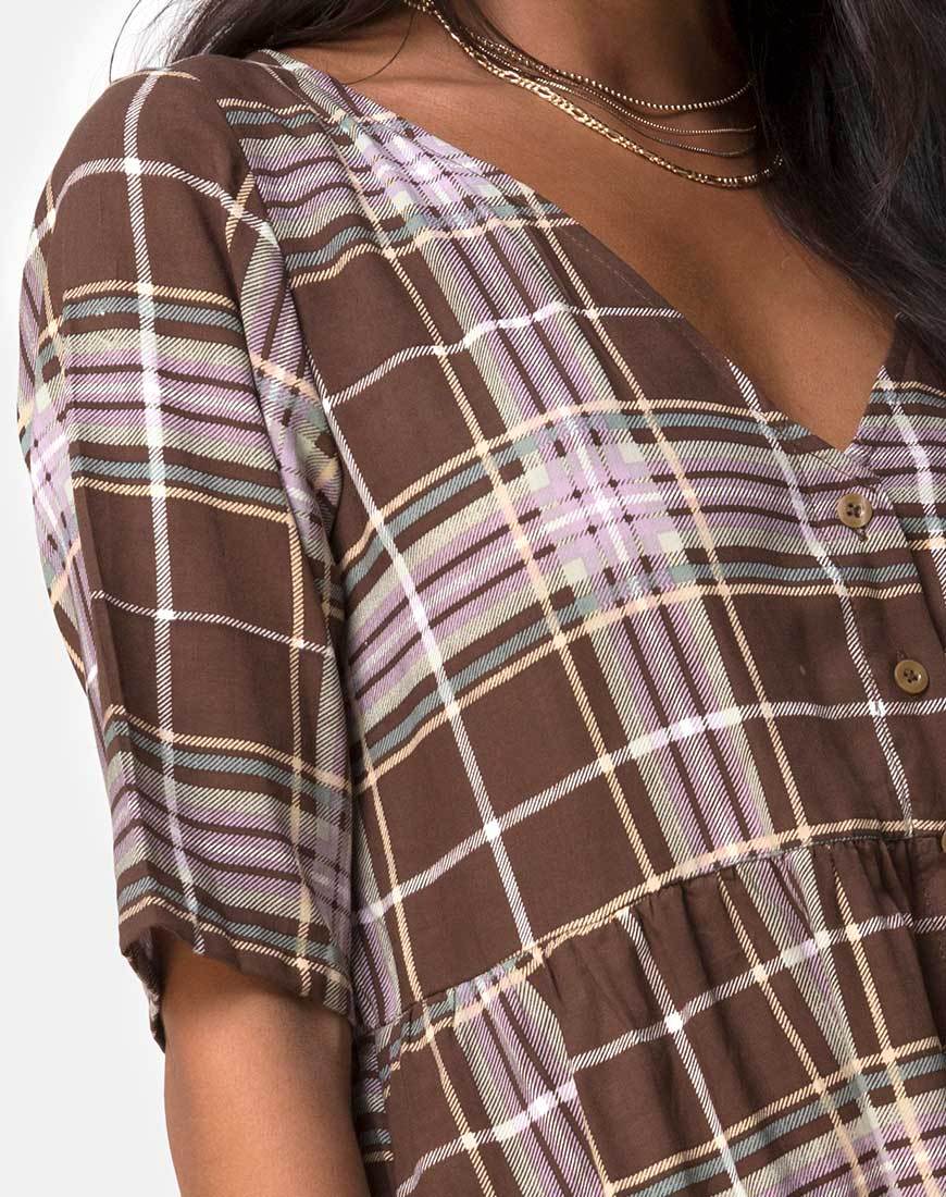 brown plaid babydoll dress Plaid Long Sleeve Babydoll Mini Dress