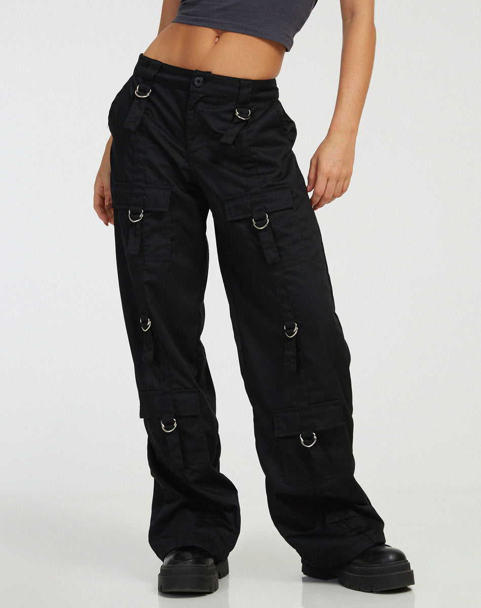 Black Cargo Trousers with Metal Loops | Vinsa – motelrocks-com-us