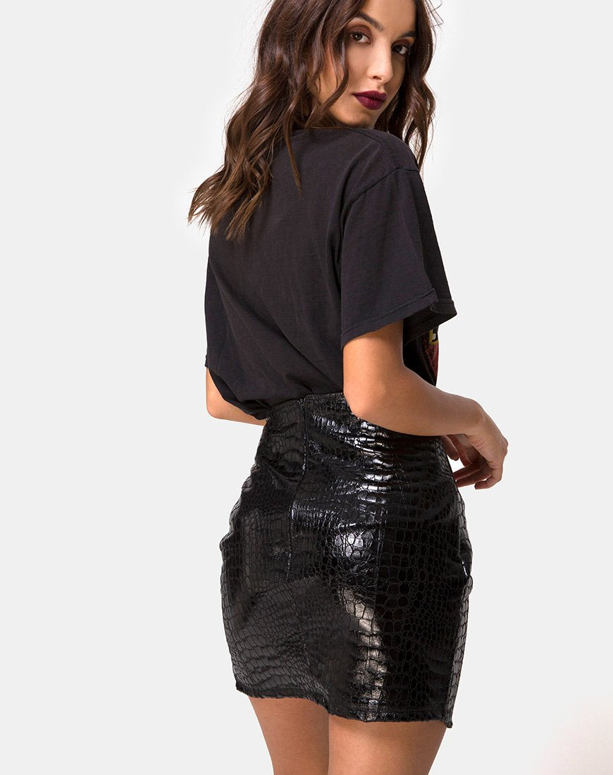 Image of Wave Skirt in PU Croco Black