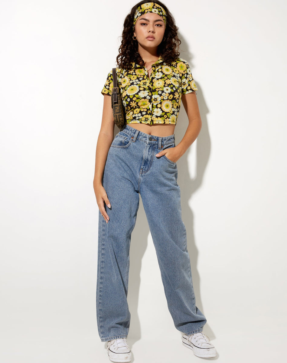 Short Sleeve Yellow and Black Floral Cropped Shirt | Wuma – motelrocks ...