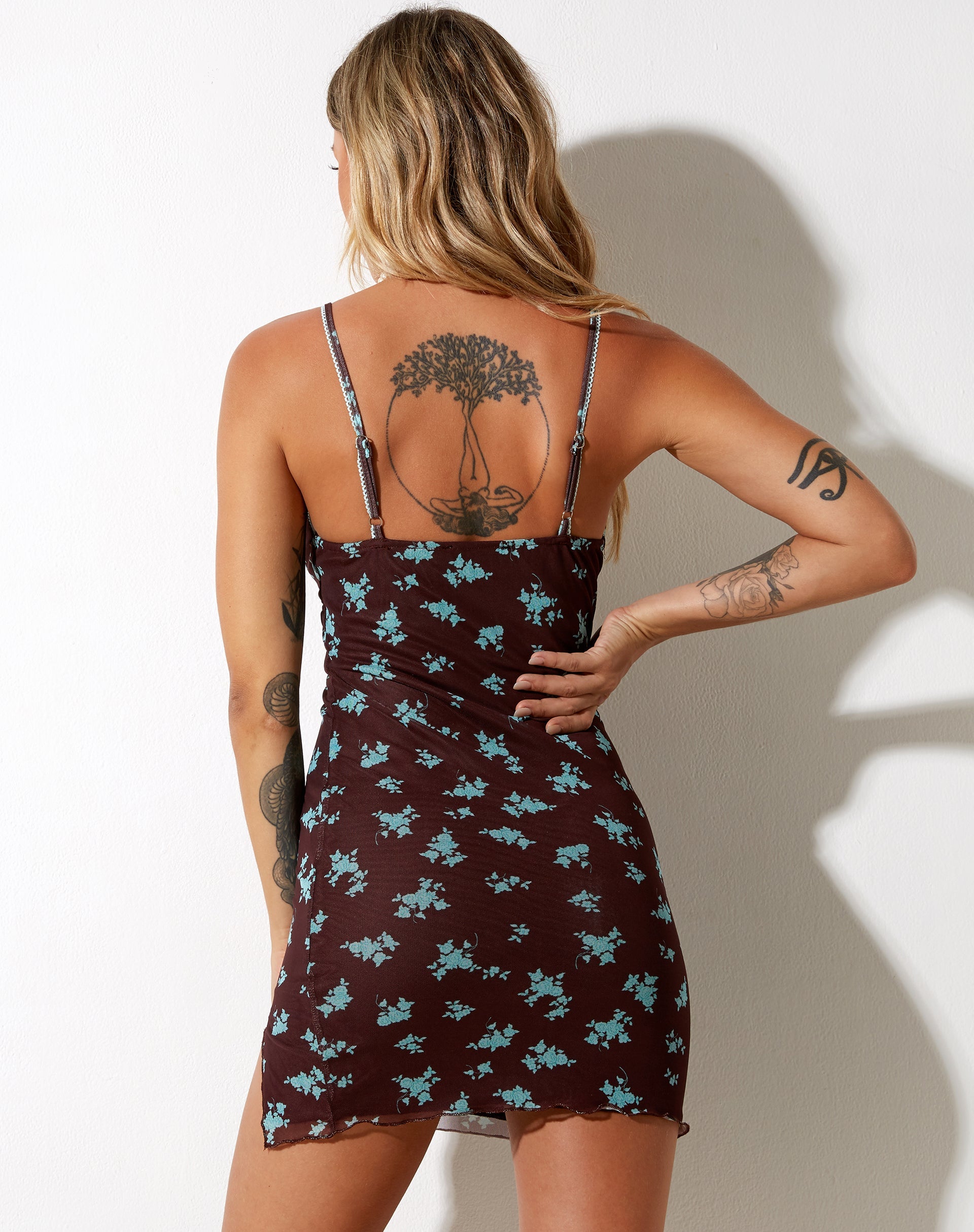 brown and blue floral dress Brown & Powder Blue Floral Zip Front Ellie Mini Dress