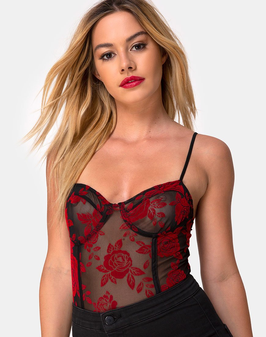 Image of Yecal Bodice in Romantic Red Rose Flock