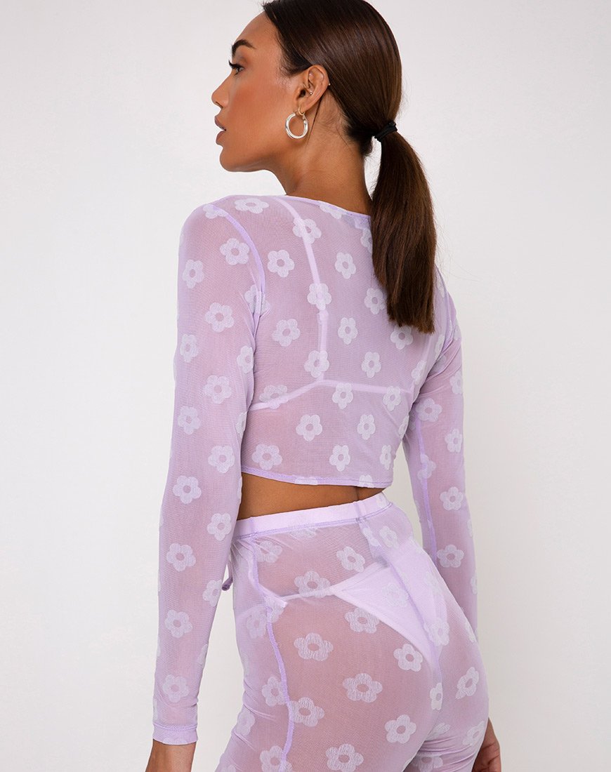 Image of Yun Crop Top in Lilac Mesh Daisy White Flock