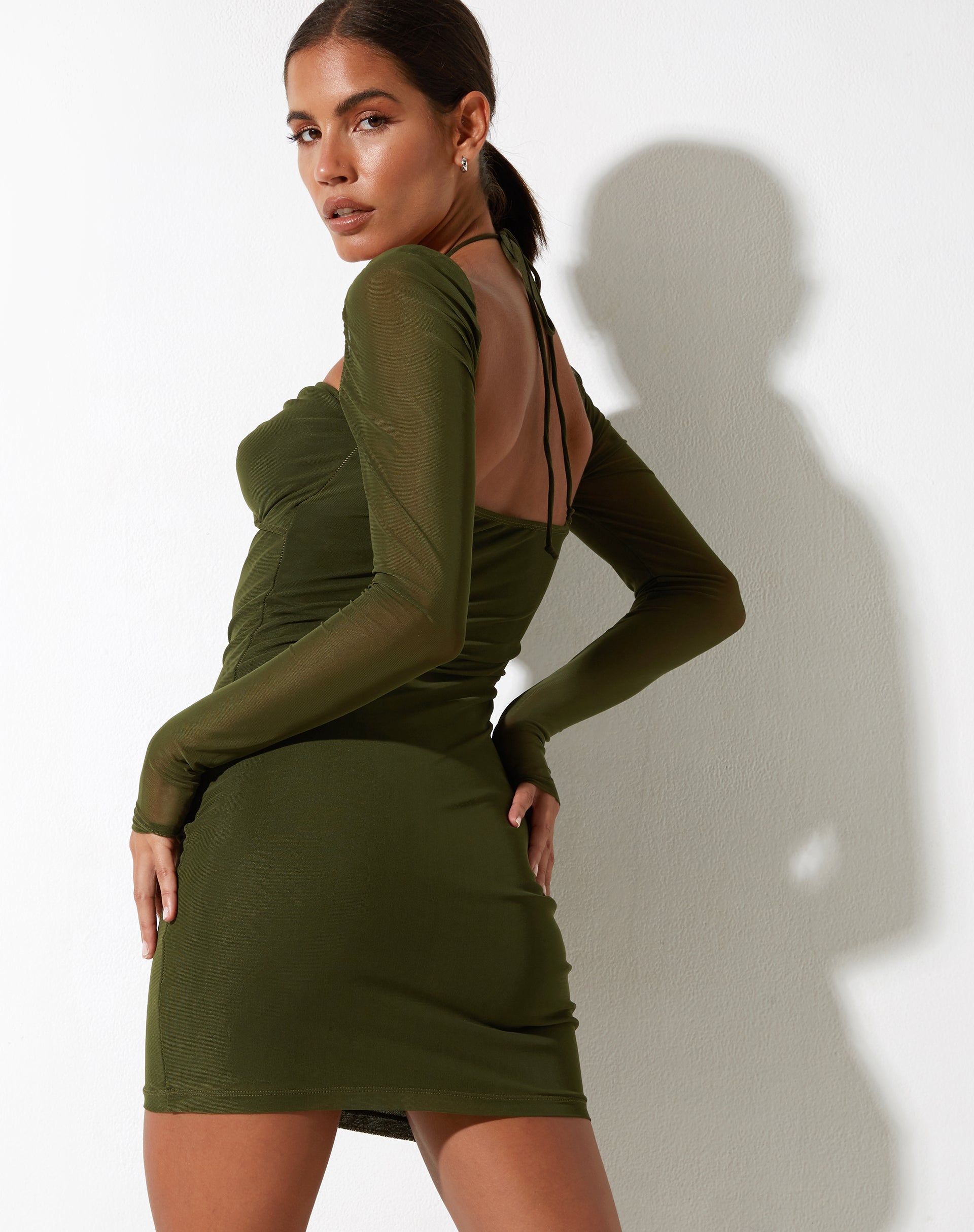 Yuvila Bodycon Dress in Mesh Khaki Yuvila Bodycon Dress in Mesh Khaki