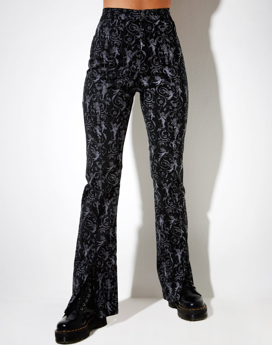 High Waist Black and Grey Cherub Print Flare Trouser | Zabby ...
