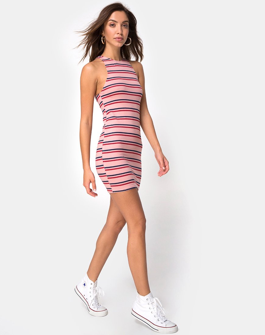 Image of Zena Bodycon Dress in 70s Stripe Pink Horizontal