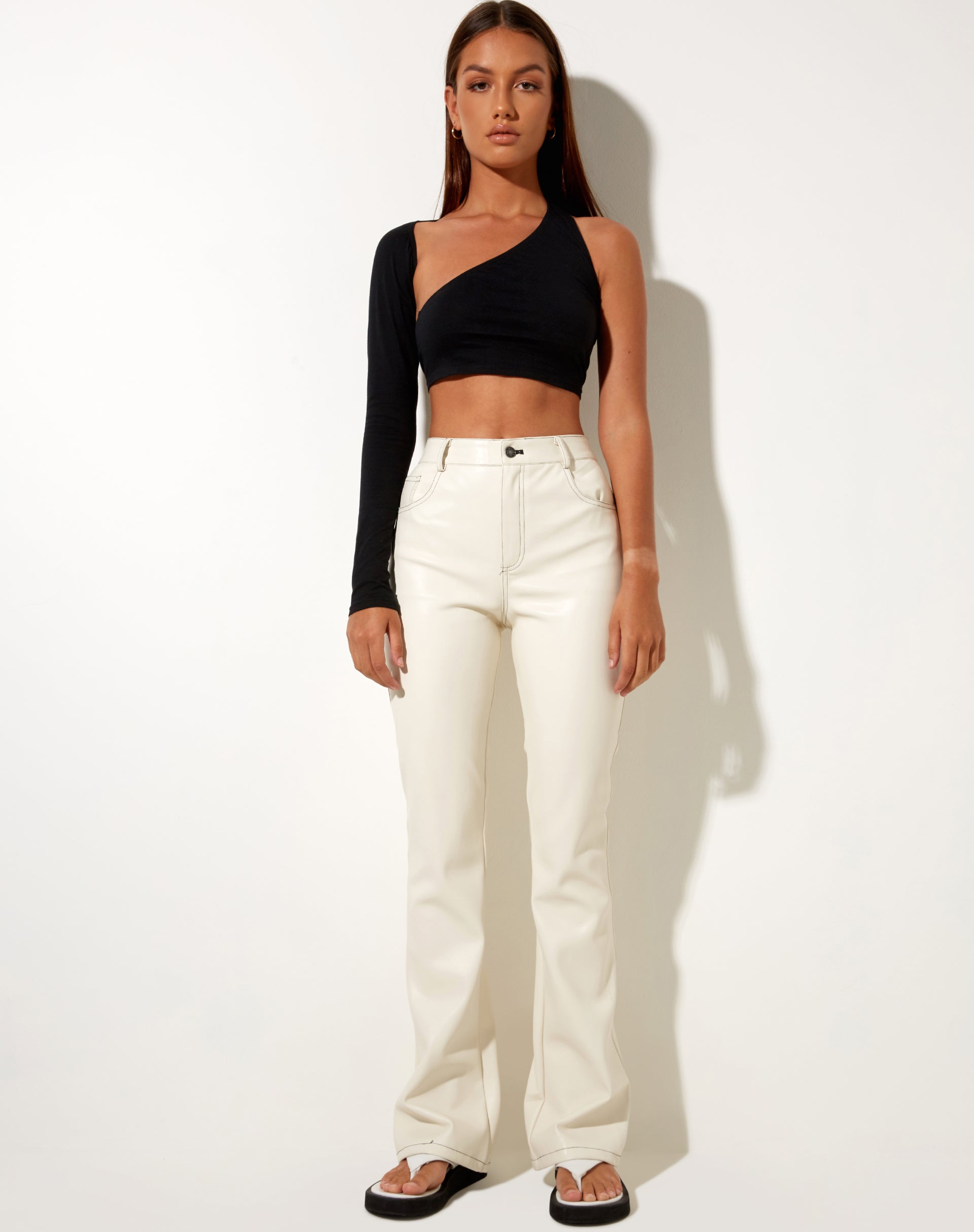 White PU Flare Trousers with Black Stitching | Zorea – motelrocks-com-us