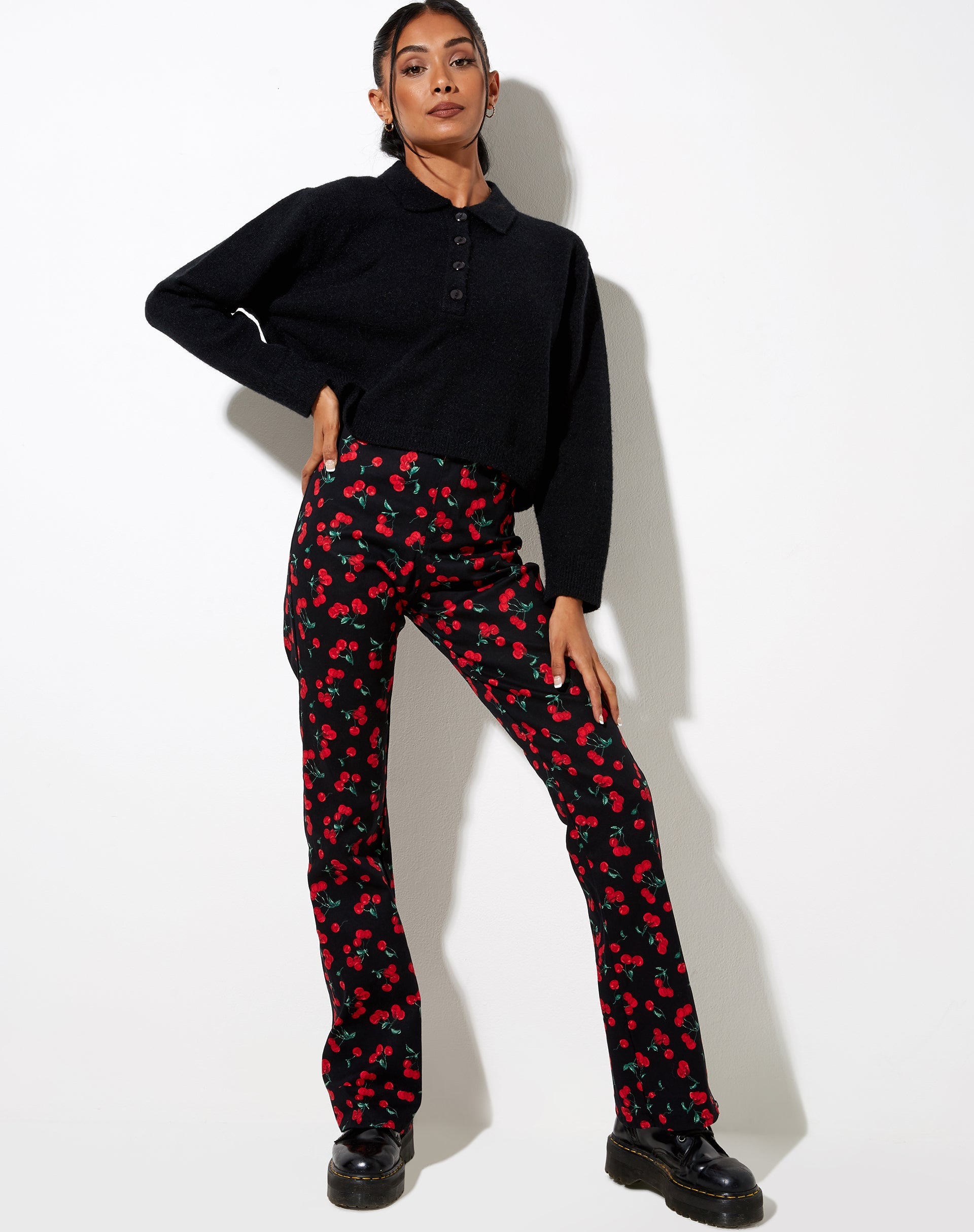 High Waist Black and Red Cherry Print Flare Trouser | Zoven