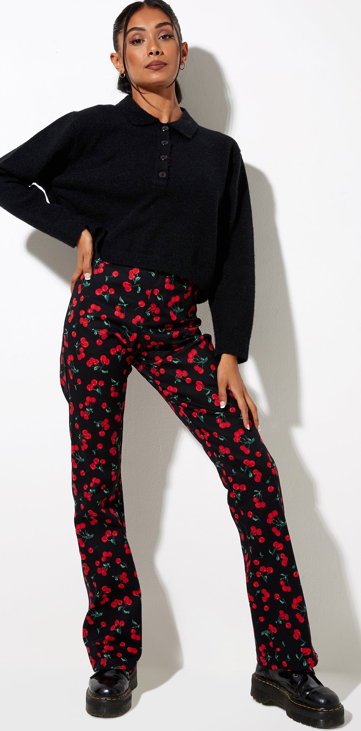 High Waist Black and Red Cherry Print Flare Trouser | Zoven ...