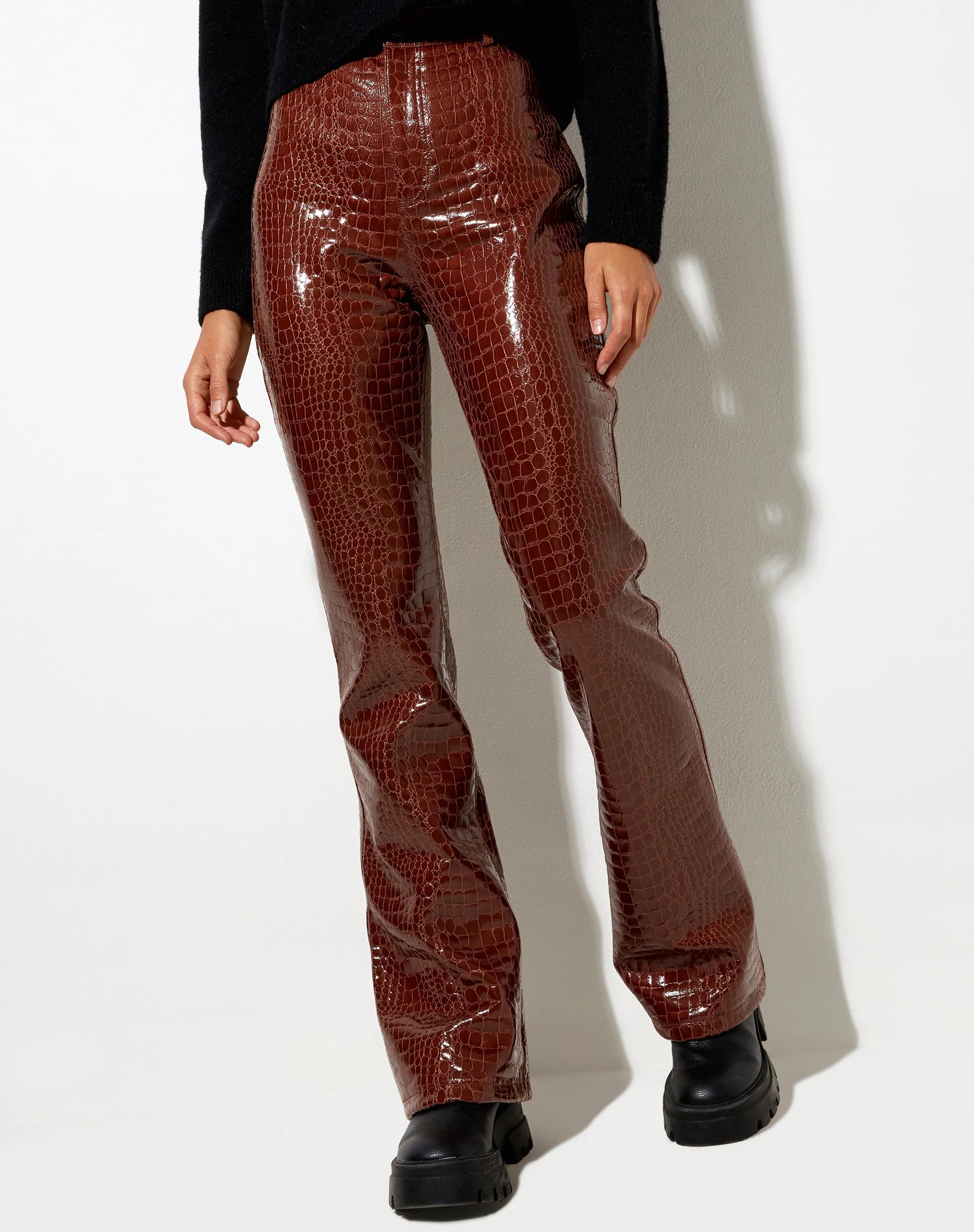 Croc Motel Rocks Brown Leather Trousers Reclaimed Vintage Croc Leather Look Flare Trouser In Chocolate ASOS