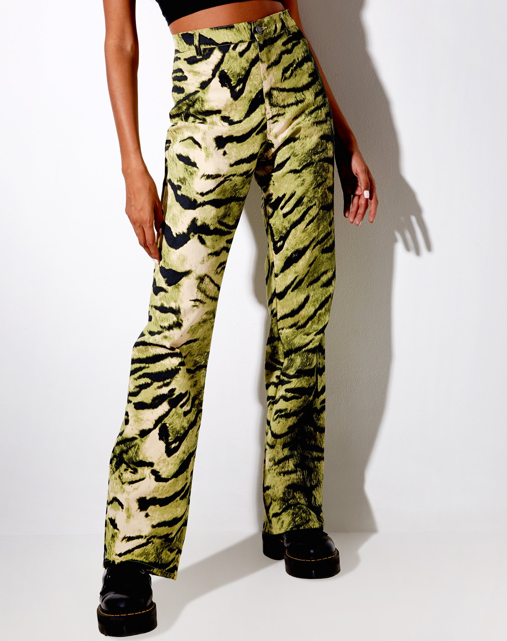Image of Zoven Flare Trouser in Tiger Full Khaki Placement