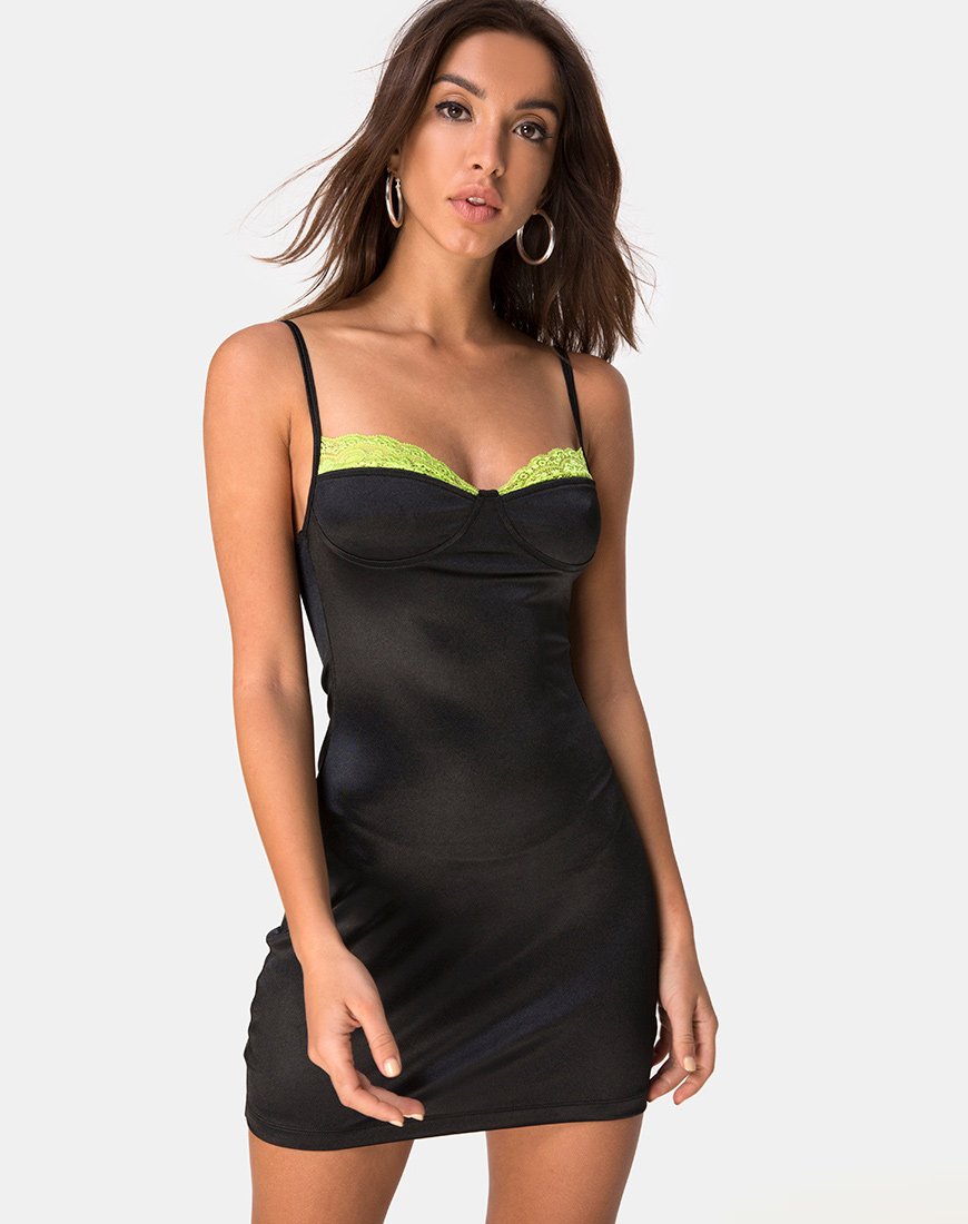 Lesty Bodycon Dress in Black with Lime Lace